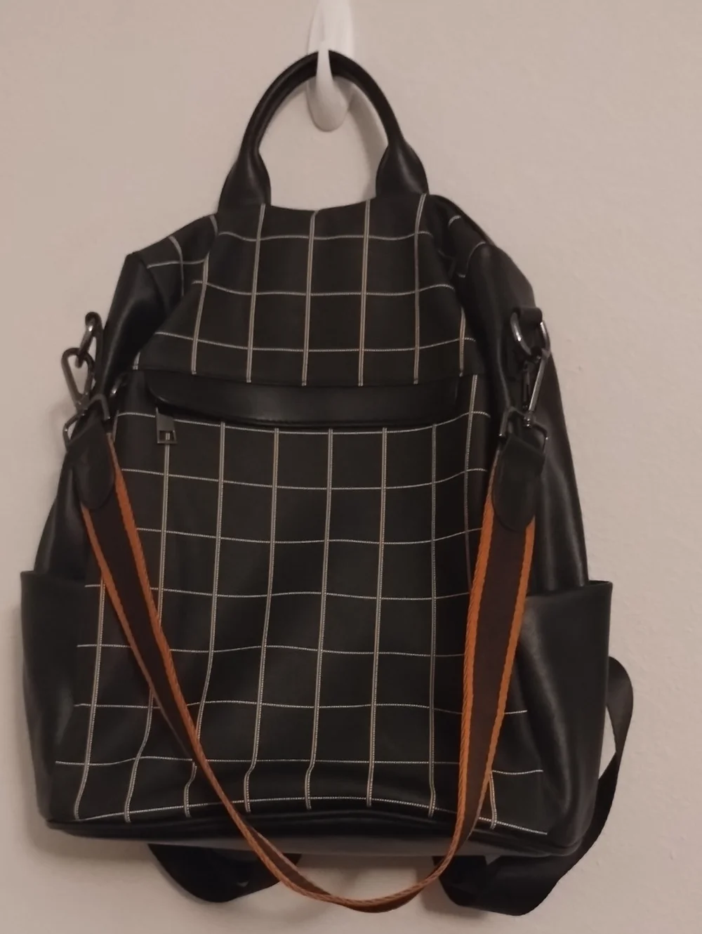 Black Grid-Pattern Backpack with Contrast Brown Strap